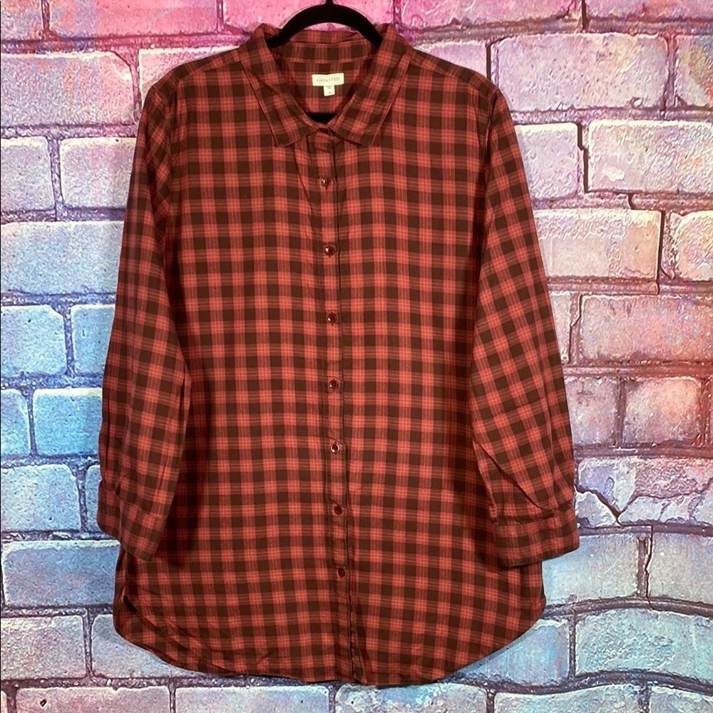 Garnet Hill Size 16 Red Plaid Organic Cotton Button-Up Shirt Women’s Top